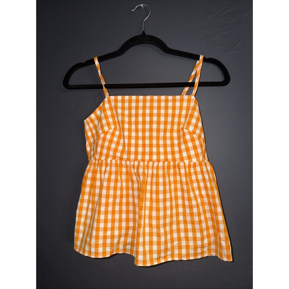 J.Crew Top Gingham Peplum 00 Orange‎ White Summer Picnic Preppy Sleeveless